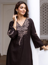 Women's Black Embroidered A-Line Kurta Trousers  Set