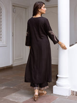 Women's Black Embroidered A-Line Kurta Trousers  Set