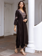Women's Black Embroidered A-Line Kurta Trousers  Set