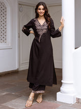 Women's Black Embroidered A-Line Kurta Trousers  Set