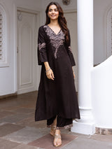 Women's Black Embroidered A-Line Kurta Trousers  Set