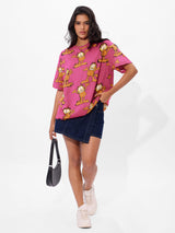 Women's Pink Casual Oversized Fit Printed Half Sleeves Tshirt