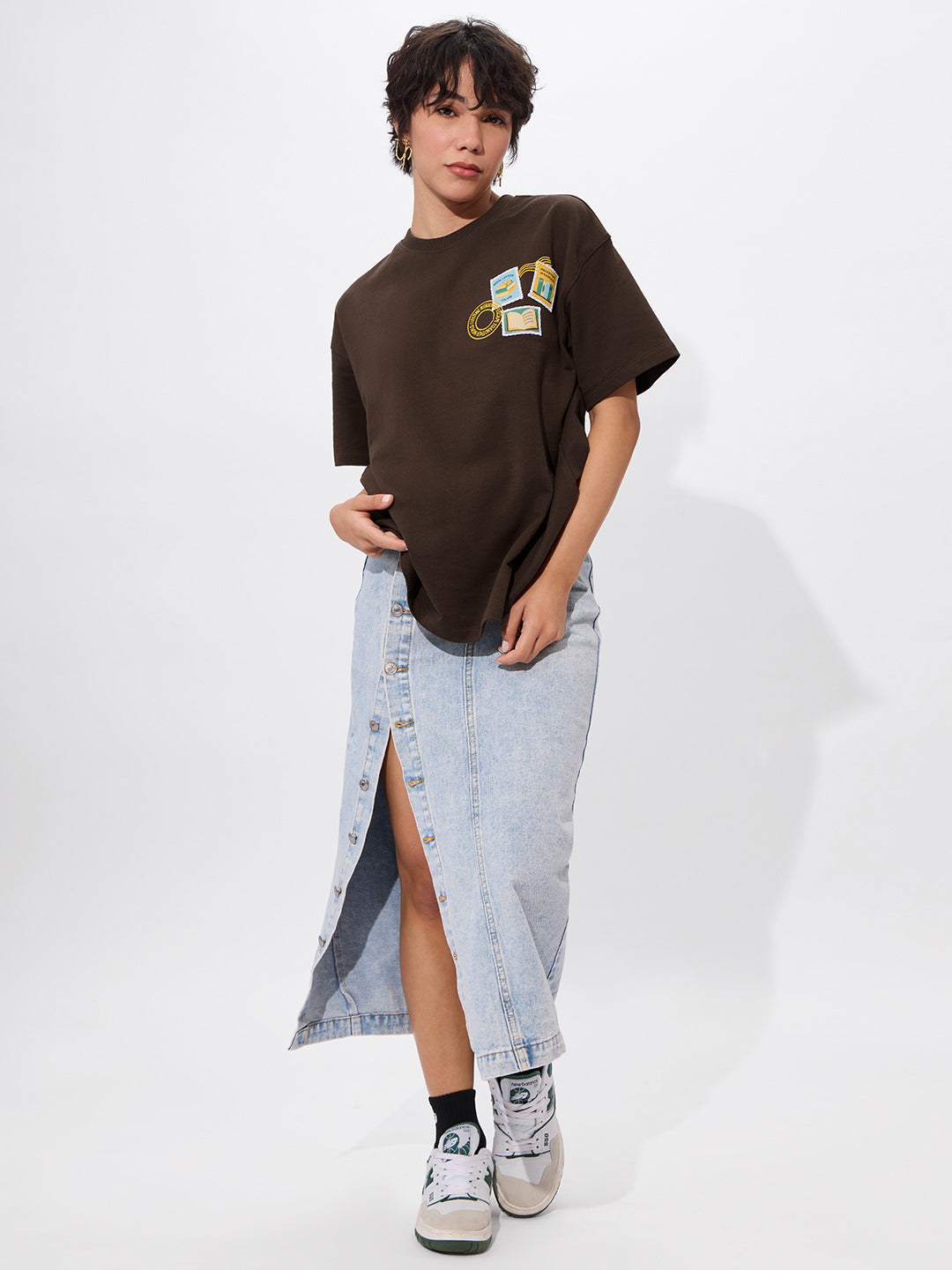 Women's Brown Casual Oversized Fit Printed Half Sleeves Tshirt