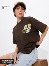 Women's Brown Casual Oversized Fit Printed Half Sleeves Tshirt