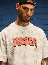Men's Off White Casual Printed Oversized Fit Half Sleeves Tshirt