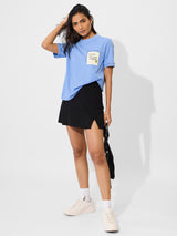 Women's Blue Casual Regular Fit Patch work Half Sleeves Tshirt