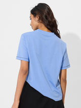 Women's Blue Casual Regular Fit Patch work Half Sleeves Tshirt