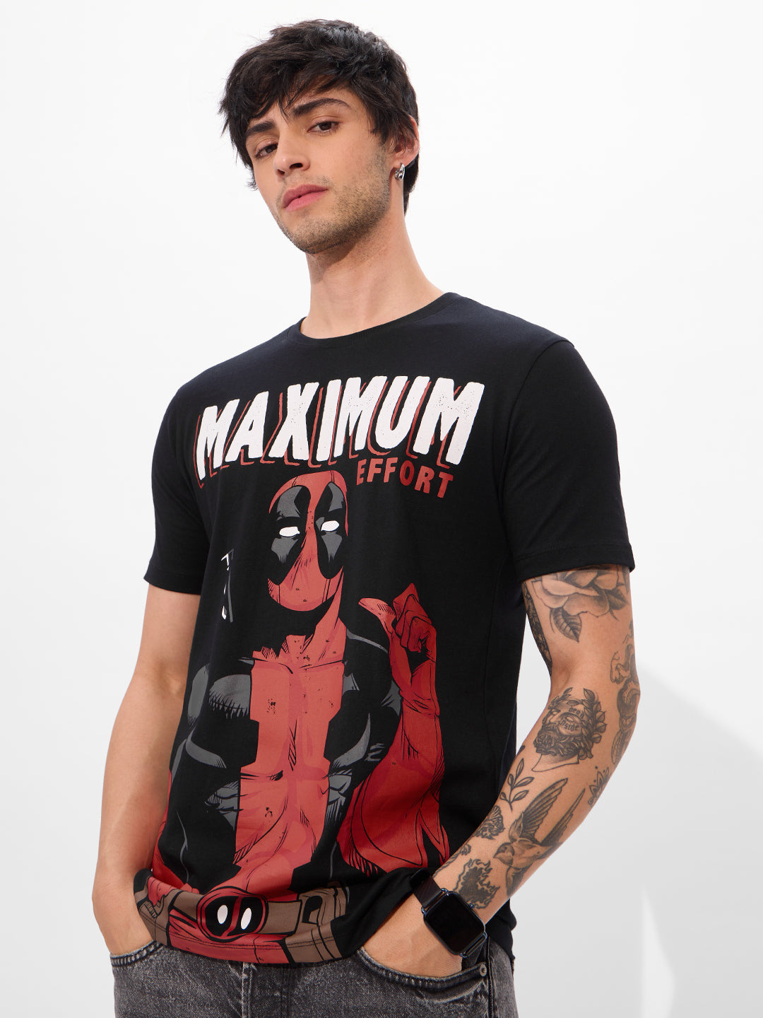 Men's Black Casual Printed Regular Fit Half Sleeves Tshirt