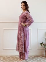 Women's Mauve Printed Straight Kurta Trouser Set