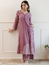 Women's Mauve Printed Straight Kurta Trouser Set