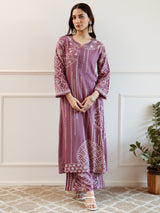 Women's Mauve Printed Straight Kurta Trouser Set