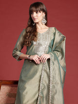 Women's Green Embroidered Straight Kurta Trouser With Dupatta set