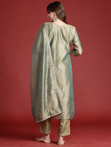 Women's Green Embroidered Straight Kurta Trouser With Dupatta set