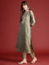 Women's Green Embroidered Straight Kurta Trouser With Dupatta set