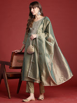 Women's Green Embroidered Straight Kurta Trouser With Dupatta set