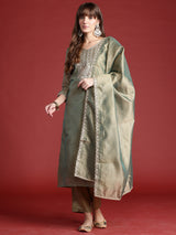 Women's Green Embroidered Straight Kurta Trouser With Dupatta set