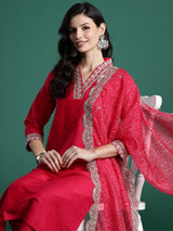 Women's Pink Embroidered Straight Kurta Trouser With Dupatta set