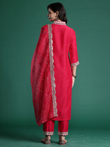 Women's Pink Embroidered Straight Kurta Trouser With Dupatta set