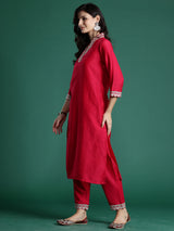 Women's Pink Embroidered Straight Kurta Trouser With Dupatta set