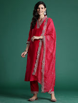 Women's Pink Embroidered Straight Kurta Trouser With Dupatta set