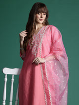 Women's Pink Embroidered Straight Kurta Trouser With Dupatta Set