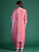Women's Pink Embroidered Straight Kurta Trouser With Dupatta Set