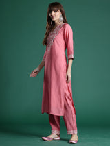 Women's Pink Embroidered Straight Kurta Trouser With Dupatta Set