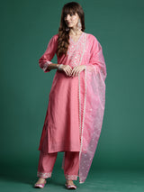 Women's Pink Embroidered Straight Kurta Trouser With Dupatta Set