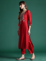 Women's Red Embroidered Straight Kurta Trouser With Dupatta Set