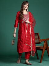 Women's Red Embroidered Straight Kurta Trouser With Dupatta Set