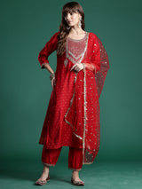 Women's Red Embroidered Straight Kurta Trouser With Dupatta Set