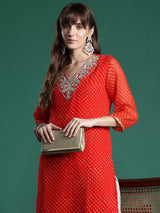 Women's Orange Printed Straight Kurta