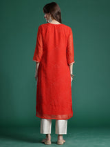 Women's Orange Printed Straight Kurta