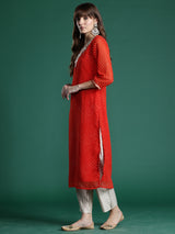 Women's Orange Printed Straight Kurta