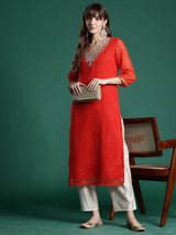 Women's Orange Printed Straight Kurta