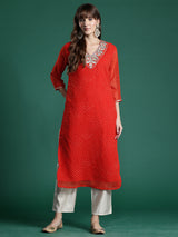 Women's Orange Printed Straight Kurta