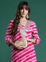Women's Pink Embroidered Straight Kurta
