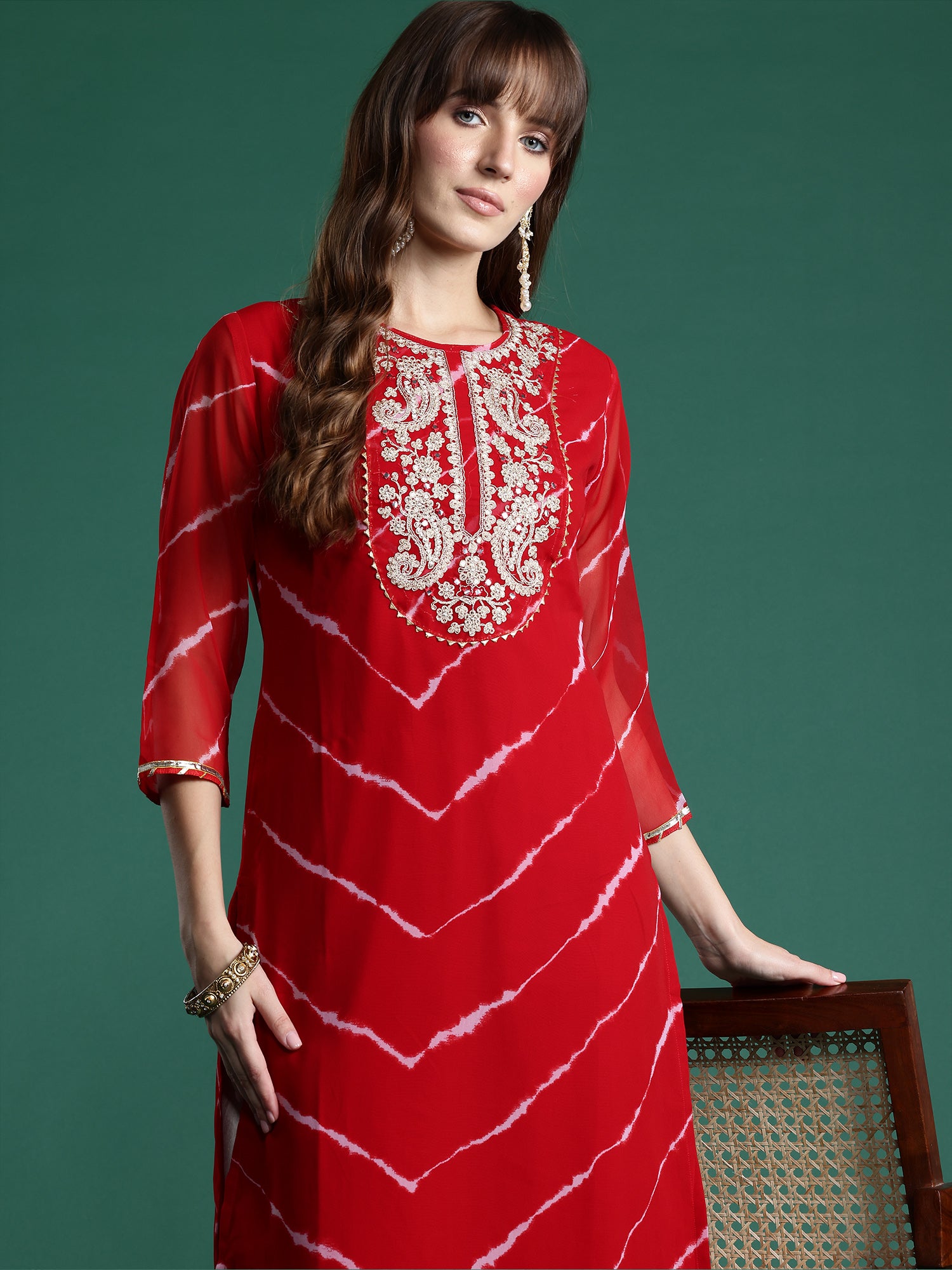 Women's Red Embroidered Straight Kurta
