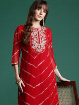 Women's Red Embroidered Straight Kurta