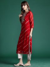Women's Red Embroidered Straight Kurta