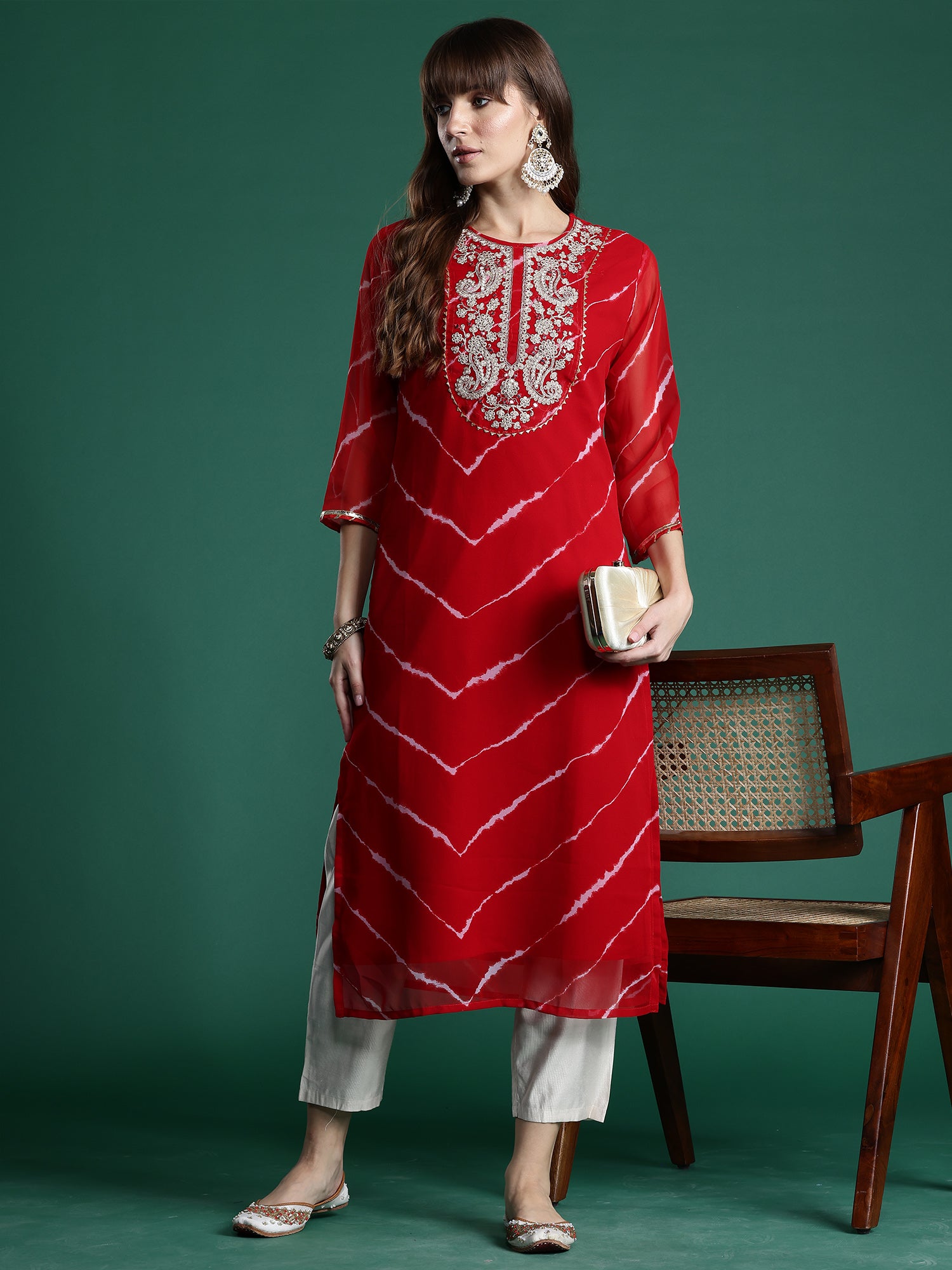 Women's Red Embroidered Straight Kurta
