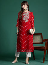 Women's Red Embroidered Straight Kurta