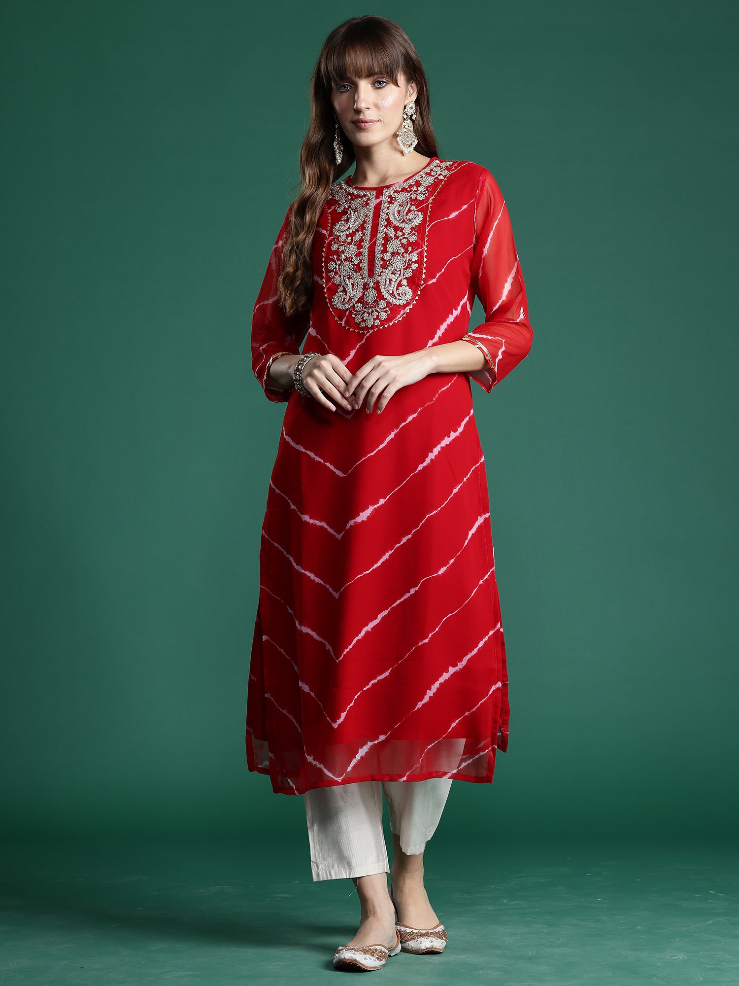 Women's Red Embroidered Straight Kurta