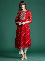 Women's Red Embroidered Straight Kurta