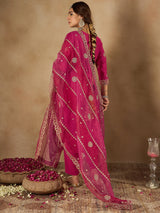 Women's Pink Straight Embroidered Kurta Trouser with Dupatta Set