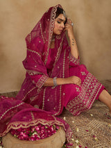 Women's Pink Straight Embroidered Kurta Trouser with Dupatta Set