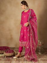 Women's Pink Straight Embroidered Kurta Trouser with Dupatta Set