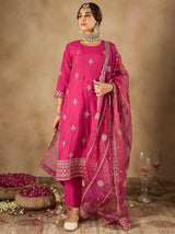 Women's Pink Straight Embroidered Kurta Trouser with Dupatta Set
