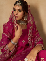 Women's Pink Straight Embroidered Kurta Trouser with Dupatta Set