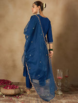 Women's Blue Embroidered Straight Kurta Trouser With Dupatta Set